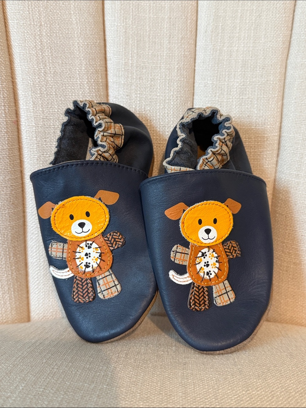 18-24 mths Robeez soft soles PUPPY dog navy baby slip-on shoes appliqué leather